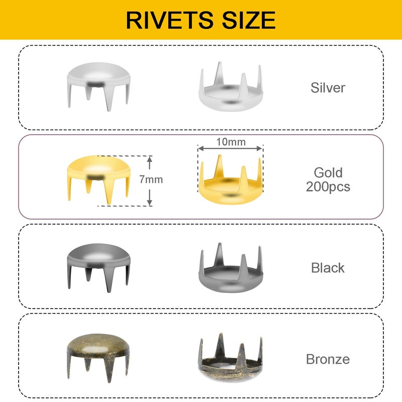 CooBigo 200pcs 10mm Nailheads Round Dome Studs Rivet Metal Punk Spikes Spots for Punk Rock Leather Craft Clothes Belt Bag Shoes Decorations (Gold) - Image 2
